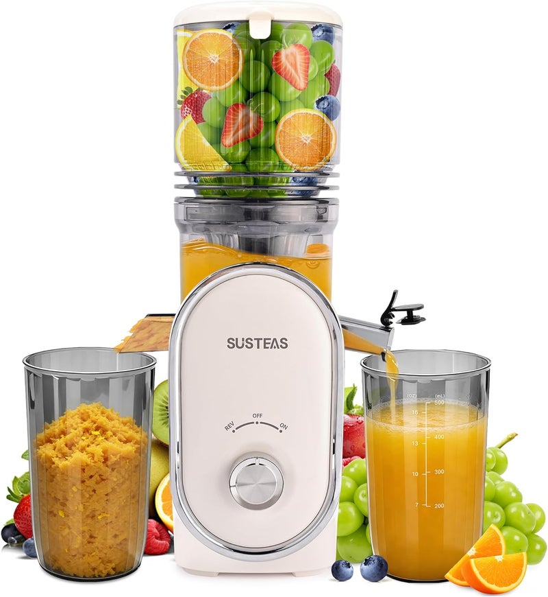 susteas Cold Press Juicer, 5.3" Feed Chute Slow Masticating Machines with 300W, Fit Whole Fruits & Vegetables, High Juice Yield, Easy to Clean, White - Image 1